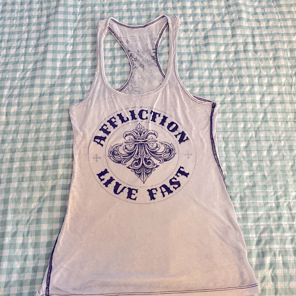 AFFLICTION WOMEN RACER BACK TANK TOP CASUAL STREET WEAR WINGS WHITE SZ XS FITS S